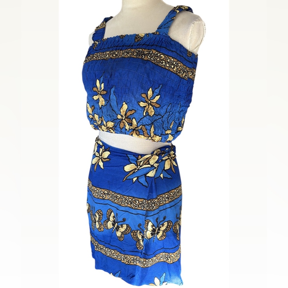 Vintage 2-Piece Matching Set - Blue Floral & Butterfly Print